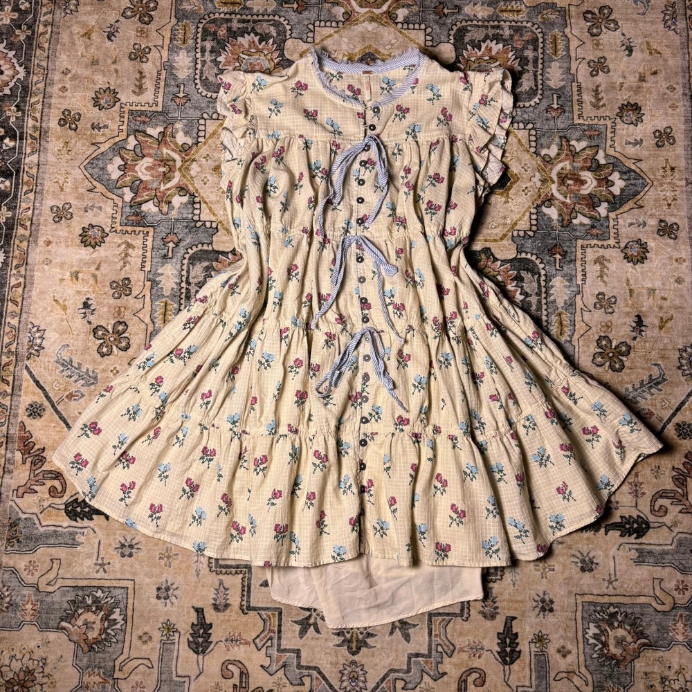 Free People Floral Cross Stitch Tiered Mini Dress Cream Boho Medium Cottage Core - Picture 16 of 16